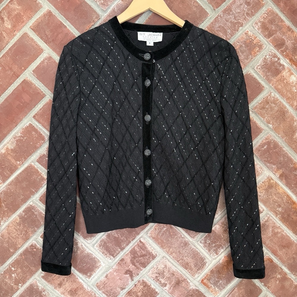 St. John Cardigan Women 8 Black Diamond Knit Sequin Velvet Trim Evening Jacket